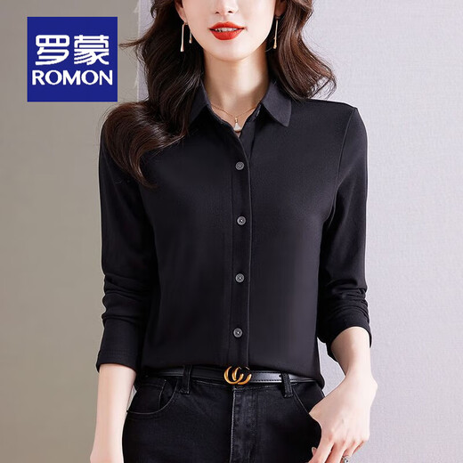 ROMON's new autumn and winter solid color double-sided German velvet long-sleeved shirt for women, versatile brushed plus velvet warm base cardigan shirt, blue gray M 85-100Jin Jin equals 0.5 kg