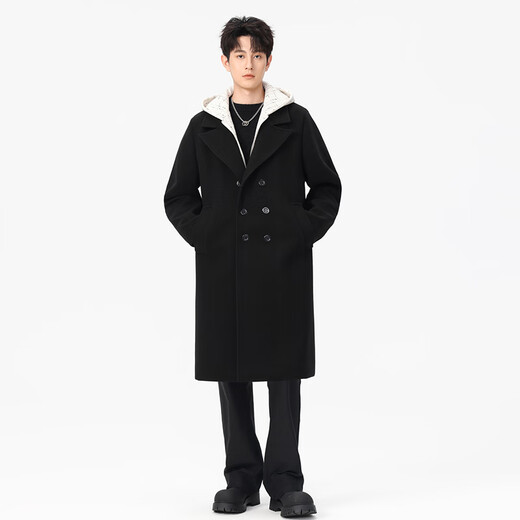 Mufan cotton autumn and winter thickened warm fake two-piece woolen coat men's casual large size loose long knee-length hooded windbreaker jacket black hat thickened XL suitable for 150 to 170 Jin Jin equals 0.5 kg