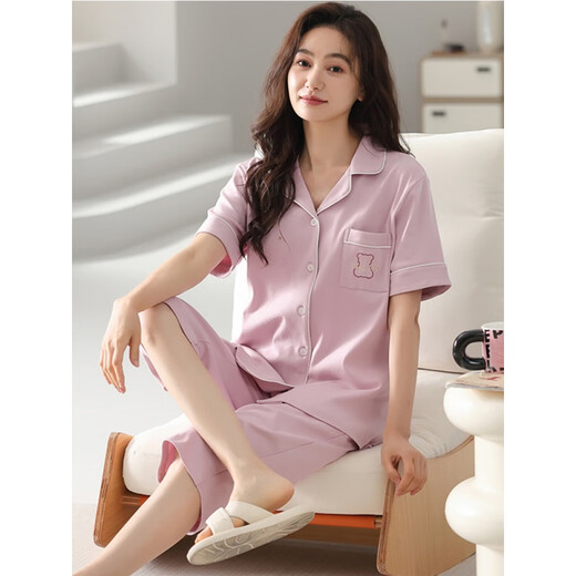 安梦影2025新款睡衣女士夏季棉短袖开衫七分裤加大码可外穿家居服套装 xf-9898 均码 m