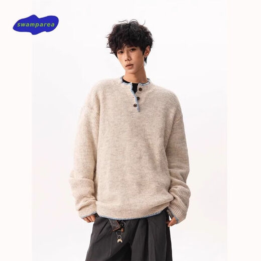 SWAMP AREA American Henry collar sweater for men in autumn and winter new style lazy high-end sweater top jacket light apricot trendy best-selling model M 160-170CM 95-110Jin Jin equals 0.5 kg