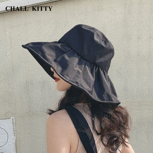 CHALL KITTY防晒帽女夏季大檐黑胶防紫外线遮阳帽女士渔夫帽子可折叠2025新款 黑色-高端品牌礼盒装高档高级感