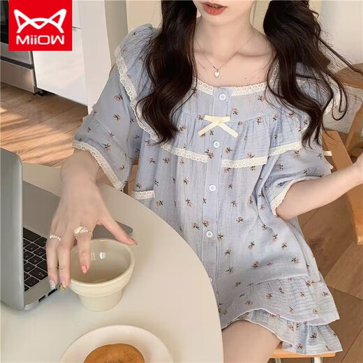Catman Miiow Pyjamas für Frauen im Sommer 2024 Neue japanische süße Blumenwatte-Leinen Gaze kurzärmelige Shorts Thin Home Clothing Set M1283 Blau L [100-120jin [Jin gleich 0,5 kg] tragen]