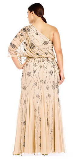 Adrianna Papell Women's One Shoulder Grecian Style Beaded Pleated Dress Dress Skin Tone 18