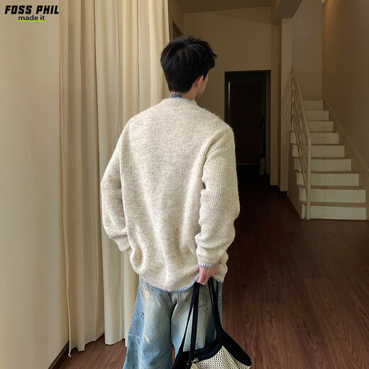 Foss Phil sweater men's autumn and winter American pullover sweater Henry collar lazy bottoming shirt men MZ0057 apricot L