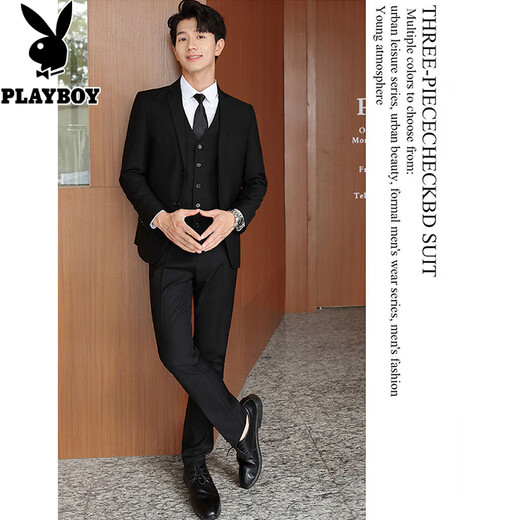 Playboy Suit Men's Korean Slim Top Jacket Groomsmen Wedding Business Professional Formal Small Suit Men Two-Button Black Top XL