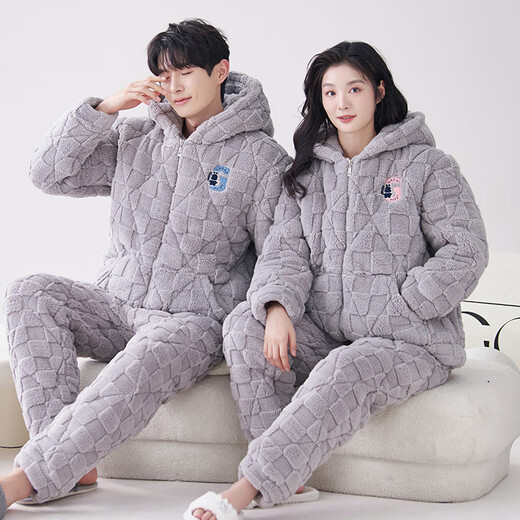 Modal thickened coral velvet couple pajamas for women, winter three-layer quilted men's flannel home clothes MZB439 hooded quilted women L