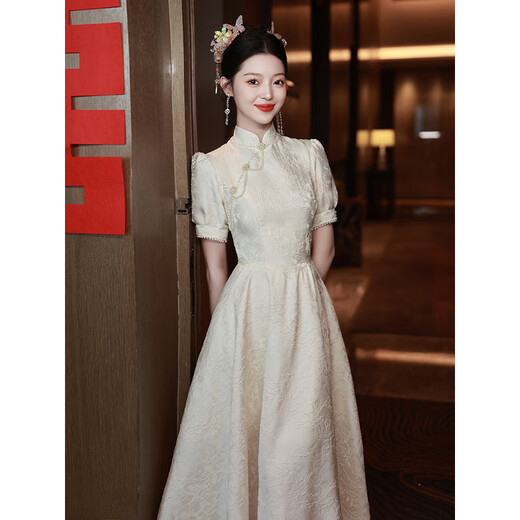 麦斯贝思白色旗袍订婚衣服连衣裙平时可穿领证登记礼服女宴会晚礼服小个子 白色 S  建议86-95斤