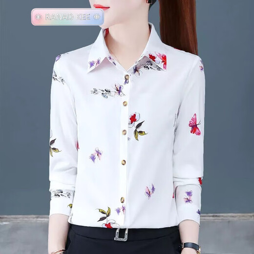 RANAD KEE Temperament Light Luxury Trendy Brand Printed Shirt Women's Long Sleeve Spring and Autumn New Style Chiffon Shirt Middle-aged Mom XM3519 Red XL [Suggested 115-125Jin [Jin equals 0.5 kg]]
