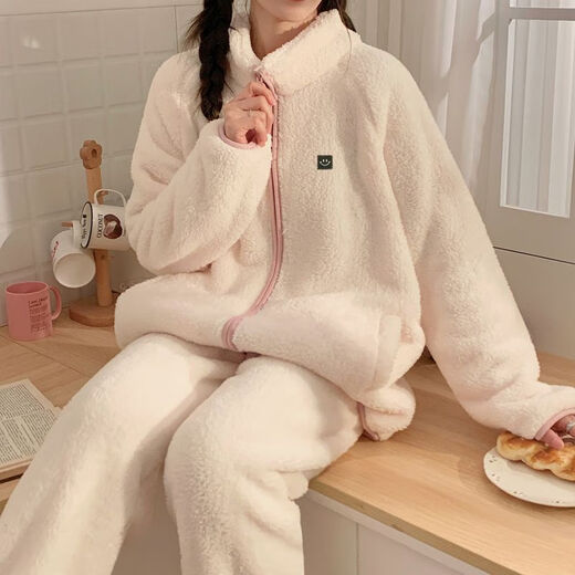 Yalu Coral Velvet Pajamas para mujeres en otoño e invierno de albaricoque simple Flannel cálido espesas con cremallera Two MJ S9903# Gray M 75 95Jin [Jin es igual a 0,5 kg]