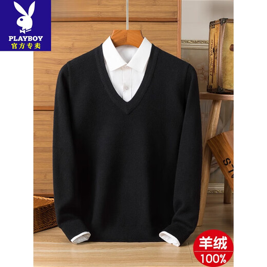 花花公子（PLAYBOY）100纯山羊毛绒衫男士休闲毛衣V领上衣加厚保暖针织羊毛衫 9906/驼色 M 165 【建议120斤以内】