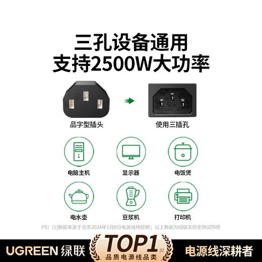 Green Alliance national standard three-hole product suffix three-core power cord suitable for computer desktop host monitor electric wok rice cooker electronic scale printer cable 1.5 meters 80770
