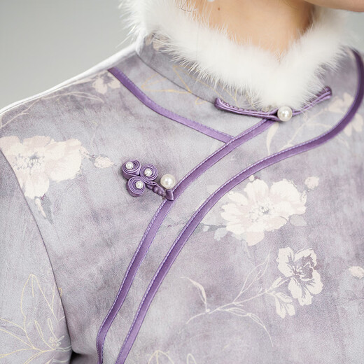 Xiuguan Tangronghua 2025 winter new style suede thickened warm mink fur collar new Chinese style improved national style cheongsam skirt purple M