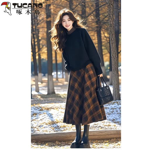 Woodpecker (TUCANO) enters the winter with a complete set of 2025 new style ladies' contrasting color sweater plaid skirt age-reducing suit for women, top + skirt M. It is recommended that 100Jin Jin is equal to 0.5kg -110Jin Jin is equal to 0.5kg.