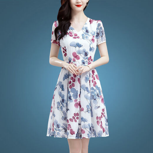 
Ice silk dress summer 2025 new floral skirt temperament 40-50-year-old middle-aged women's short-sleeved printed skirt Ice silk 9901 skirt XL 115-125Jin[Jin equals 0.5 kg]