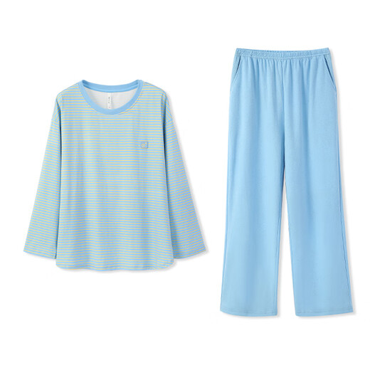 Anzhiban Juhaosui Couple Pajamas Spring and Autumn Antibacterial Warm Core Cotton Casual Simple Striped Long Sleeve Round Neck Home Clothes Qiubo Blue (Female) M