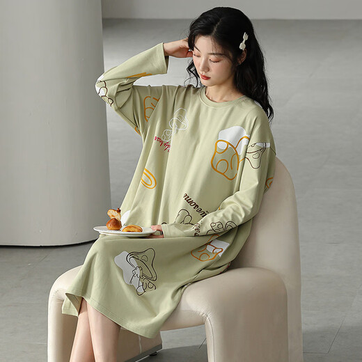 ZHIDOUDOU2024年新款睡裙女春秋纯棉感秋冬季睡衣可外穿条纹家居服 w9764长袖睡裙 2XL  125-140斤