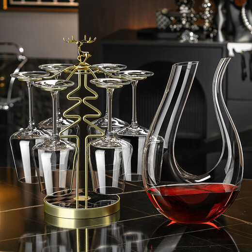 RIDOSS new red wine glass decanter set household high-end cup holder European large wine crystal goblet romantic style * 6 + with handle + golden smooth sailing rack