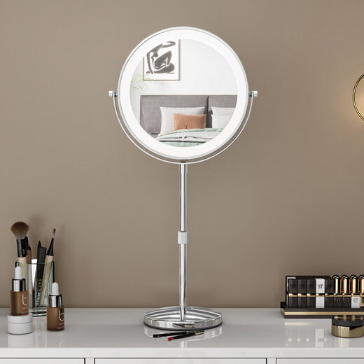 Large LED makeup mirror that can be raised and lowered, telescopic double-sided mirror with light, desktop magnifying mirror, height-adjustable 9 inches_Silver_Straight pole_5x magnification