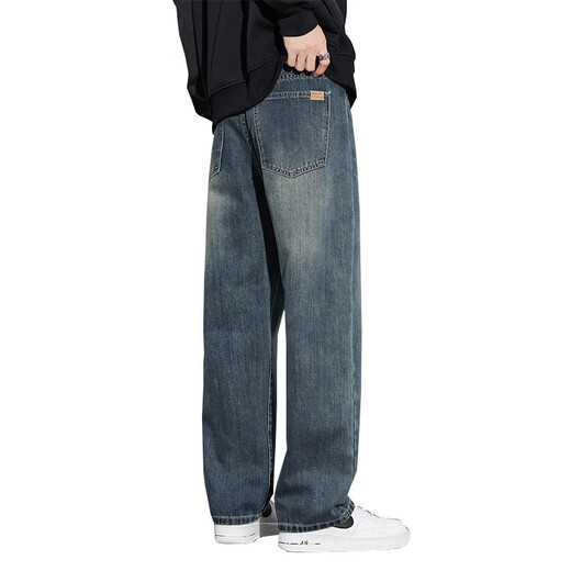 Jeanswest jeans men's autumn and winter new loose straight wide leg trendy versatile American retro plus velvet autumn casual pants 6843 retro blue plus velvet 31