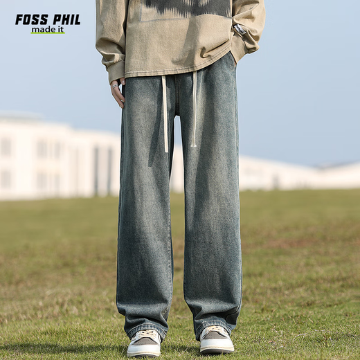Foss Phil牛仔裤男士夏季直筒阔腿薄款美式潮流休闲裤子男裤Y06怀旧蓝M