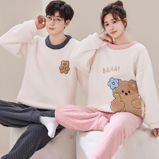 Modal buy one get one free couples pajamas for women winter coral velvet plus velvet thickening men's flannel home clothes suit winter velvet gray pink SpongeBob SquarePants M female M + male XL