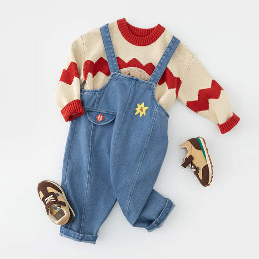 Papa climbing winter children's pants for boys and girls denim overalls cute, fashionable and versatile blue 90 cm