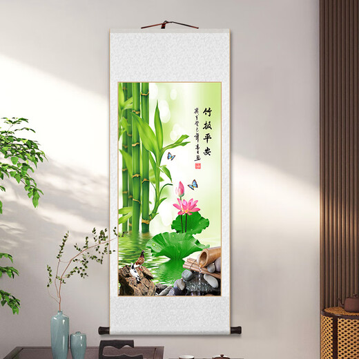 Ziwu Qian green bamboo hanging paintings bamboo report safety vertical scroll paintings new Chinese style living room study tea room entrance decoration painting green bamboo picture 10972 bamboo report safety overall size 96*218CM