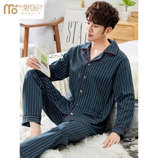 Modal High-End Pure Cotton Herren Pyjamas Frühlings- und Herbst-Langarm-großer großer loser Winter Baumwoll-Freizeitkleidung Herrenanzug 9906-Streifen M 165: Empfohlenes Gewicht 100-120 Jin [Jin ist 0,5 kg]