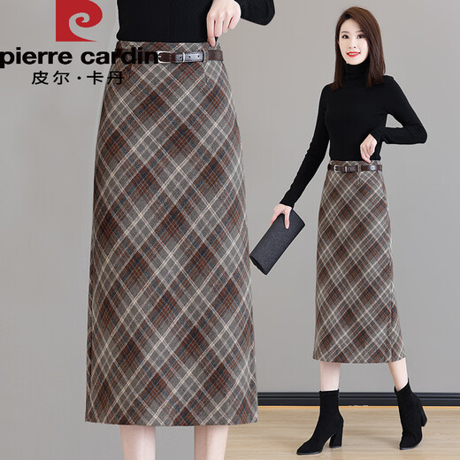 Pierre Cardin plaid woolen skirt for women 2025 autumn and winter new style high-waisted mid-length a-line thickened one-step hip skirt plaid M 27