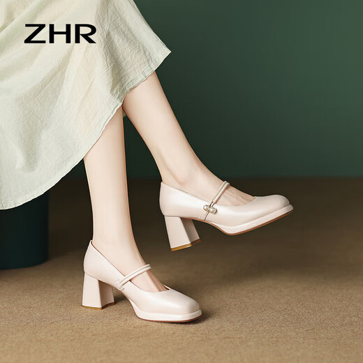 ZHR玛丽珍鞋女春秋复古法式粗高跟单鞋女方头优雅女鞋EHSA37米色37