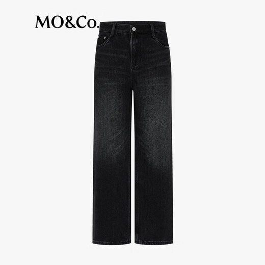 MO&Co. jeans tailored mid-high waist nine-point small straight tapered washed black hand-rubbed Nekosuma Anko denim black L 28