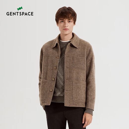 GENTSPACE男士夹克2024秋冬新款都市毛呢翻领夹克外套男 驼色 加绒 浅 含63绵羊毛 4XL 46