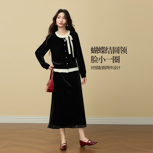 Xishijie (sllsky) Korean Style Thousand Gold Bow Velvet Shirt Women's Autumn and Winter Contrast Color Round Neck Wood Ear Trimmed Chic Shirt Modern Black XL