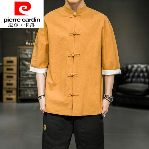 Pierre cardin summer large size Chinese style short-sleeved shirt men's five-point sleeve Tang suit ancient costume cotton linen Hanfu retro Zhongshan suit A8001 red 5XL 200-220Jin [Jin equals 0.5 kg]