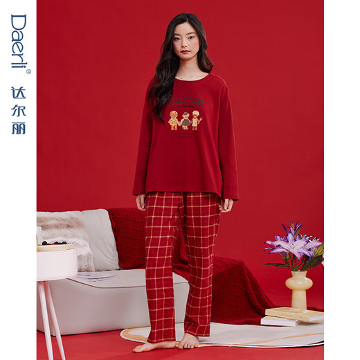 Darli red round neck couple pajamas for women spring and autumn pure cotton long-sleeved cartoon print wedding year red home clothes for men T8245243-029-red women M