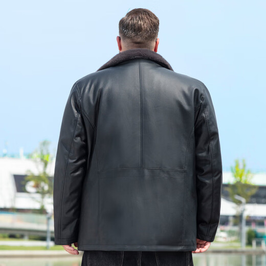 Jiujiu Wang Jiu Mu Wang plus velvet lining removable leather jacket plus size men's winter fat man plus fat fur collar motorcycle style thick coat brown L (125-135Jin Jin equals 0.5 kg)