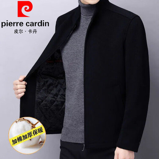 皮尔卡丹（pierre cardin）羊毛呢夹克男士冬季立领中年加棉加厚爸爸装保暖商务休闲外套针织 黑色【单里】立领款 M 【80-115斤】】