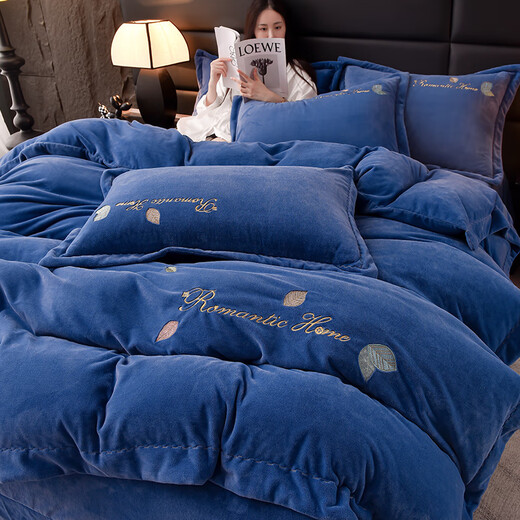 Mengyan MENGYAN new autumn and winter thickened and warm four-piece set, type A baby velvet fabric, comfortable to sleep naked, machine washable quilt cover, Alyssa-Bentley blue bed sheet, 1.5 meters (quilt cover 200*230cm)