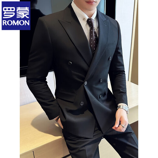 ROMON high-end customized suit men's British style double-breasted business casual suit large size three-piece formal wedding suit 338 black double-breasted single-piece suit 3XL (155-170Jin Jin equals 0.5 kg)