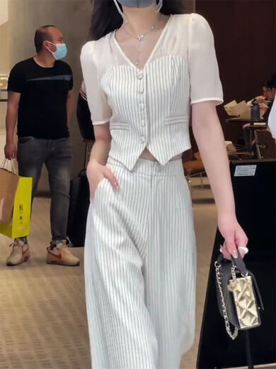 良蜓职业女装高端套装高级感夏季款休闲条纹时尚单女v领拼接上衣洋气 条纹装 2XL 建议130-145斤