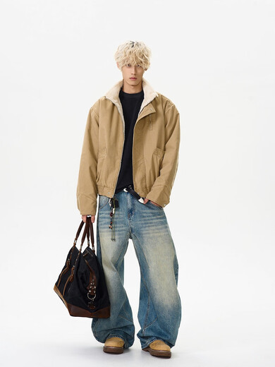 OEMG American retro pilot cotton jacket men's autumn and winter trendy brand tops jacket short work clothes plus velvet jacket Khaki XL recommended 110-130Jin Jin equals 0.5 kg