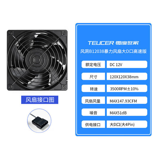 零度世家暴力风扇 12cm高转速大风量 电脑机箱主机2500转水冷排散热器CPU风扇温控PWM 12038定速版（大D口）