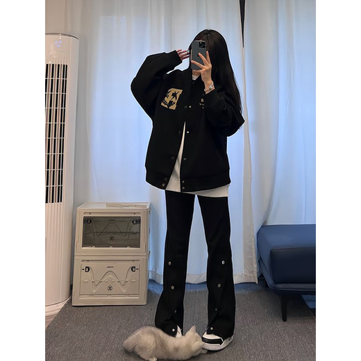 Katuchi American retro baseball uniform jacket men's spring ootd wear couple pilot jacket trendy brand top men's black L