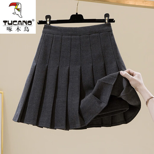 Woodpecker 2025 Autumn and Winter New Woolen Skirt Women's High Waist Slim College Style Pleated Skirt Thickened A-Line Short Dark Gray (Woolee Material) L