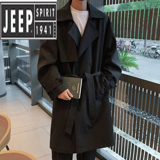 Jeep Spirit Korean Black Mid-Longing Windbreaker veste pour garçons avec des remorques sur-genou