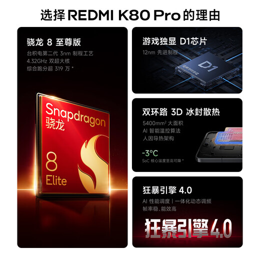 Xiaomi Redmi Redmi K80 Pro 5G Mobiltelefon Nationales Subvention Snapdragon 8 Supreme Edition IP68 Staubdicht und wasserdicht 6000mah Jinshajiang Batterie 120W schneller Blitzladung Xuanye Hei 12GB+256 GB