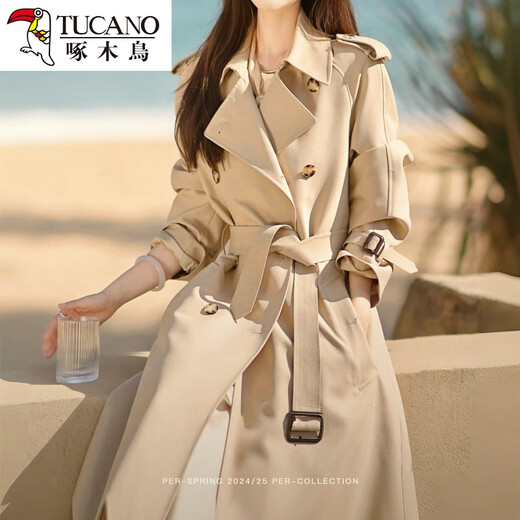 Woodpecker high-end khaki windbreaker jacket for women 2024 new spring and autumn medium and long style small British style Korean style popular khaki M 117-128Jin Jin is equal to 0.5 kg
