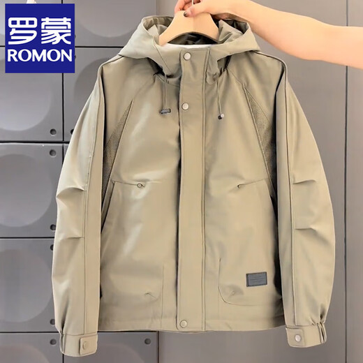 ROMON high-end hooded cotton jacket for men in autumn and winter, handsome and versatile casual casual quilted and thickened khaki green 2XL recommended 155-170 Jin Jin equals 0.5 kg