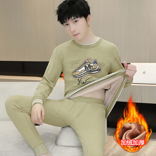 Modal Teenager Winter Deutsch Velvet Thermal Unterwäsche Herrenanzug kalt und samtig verdickter Schüler Big Boy Herbstkleidung und Hosen 683 Khaki [mit Samt verdickt] 3xl etwa 135-150 Jin [Jin gleich 0,5 kg] kann getragen werden können