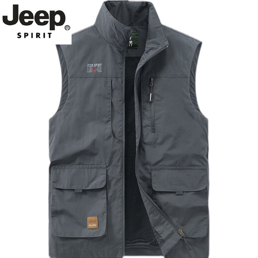 JEEP SPIRIT吉普轻奢马甲男士宽松背心春秋休闲工装多袋钓鱼马夹爸爸装外套 深蓝色【双面穿】 （加-绒-款） XXS 2XL 建议145-160斤